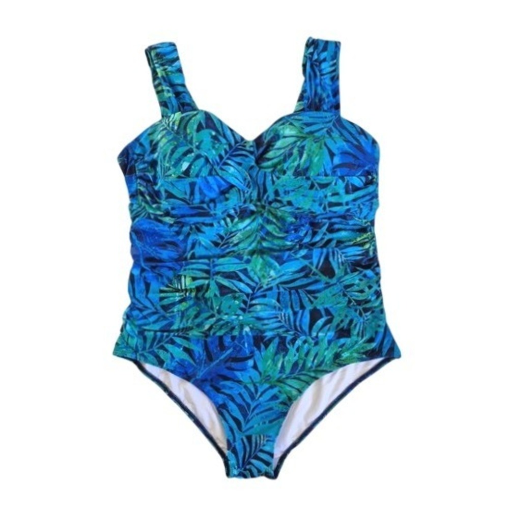 Yonique Tropical Leaf Ruched Tummy Control One Piece Swimsuit Blue Green 16W‎